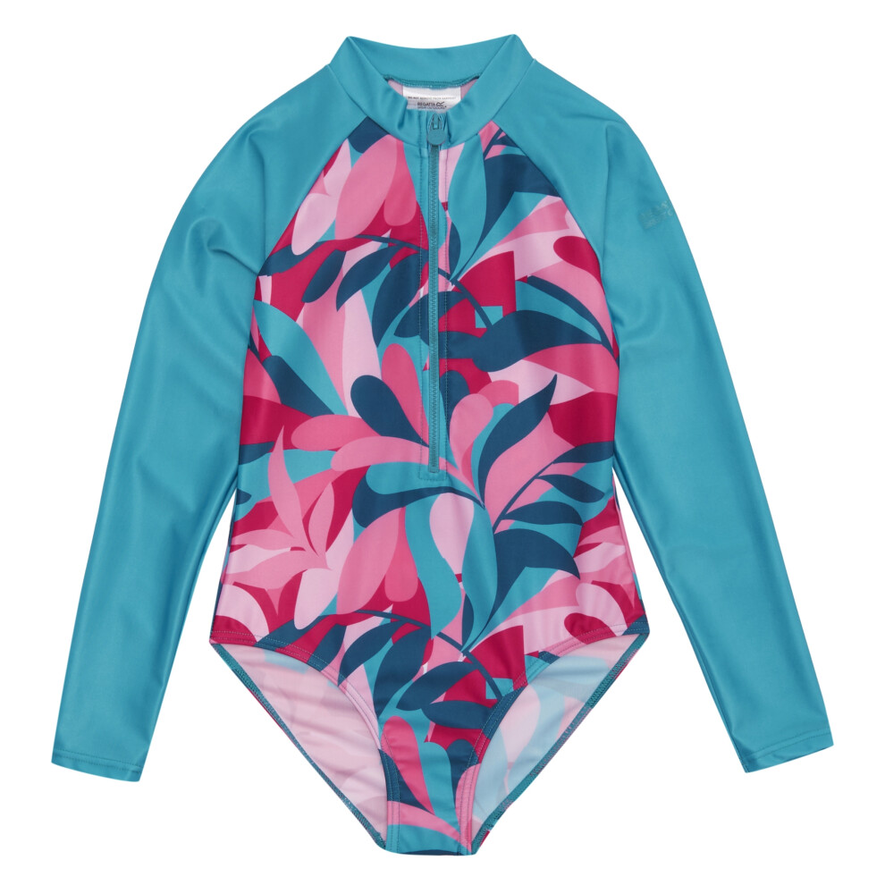 (3-4 Years, Tahoe Blue/Tropical) Regatta Girls Tropical Leaves Long-Sleeved One Piece Swimsuit