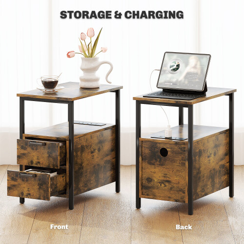 Homcom HOMCOM Bedside Table with Charging Station for Living Room, Rustic Brown 1