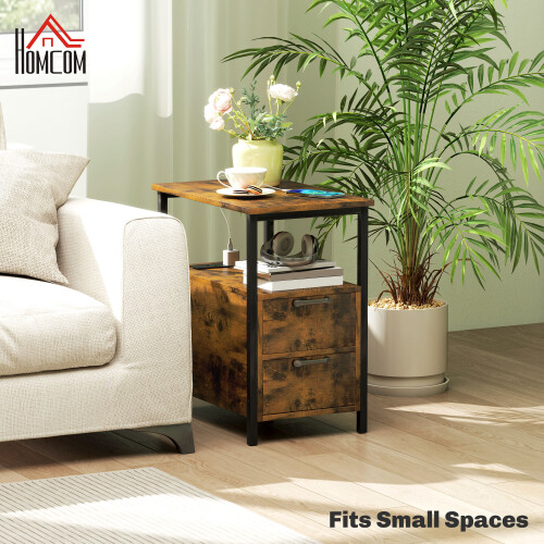 Homcom HOMCOM Bedside Table with Charging Station for Living Room, Rustic Brown 2