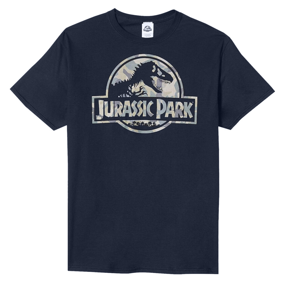 (M, Navy) Jurassic Park Mens Camo Logo T-Shirt