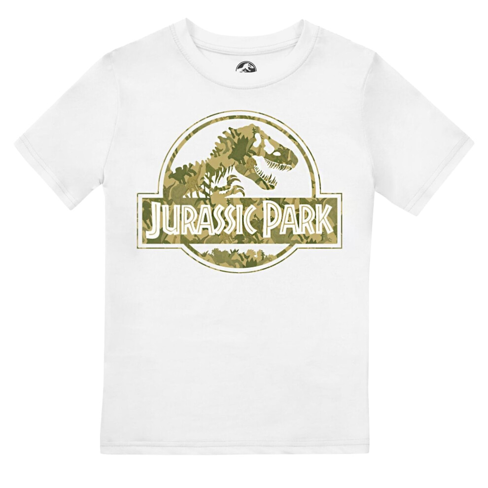 (9-10 Years, White/Green) Jurassic Park Boys Dino Camo Logo T-Shirt