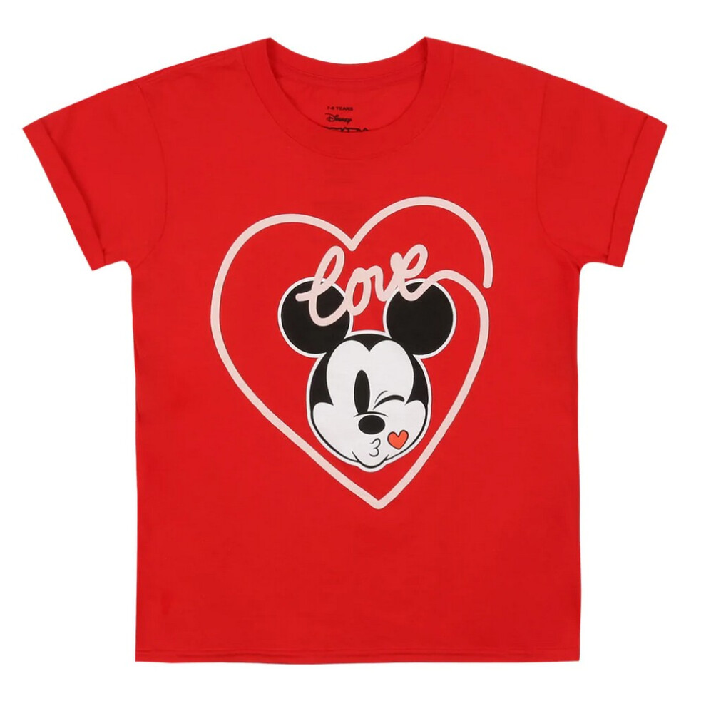 (12-13 Years, Red) Disney Girls Mickey Mouse Kiss T-Shirt