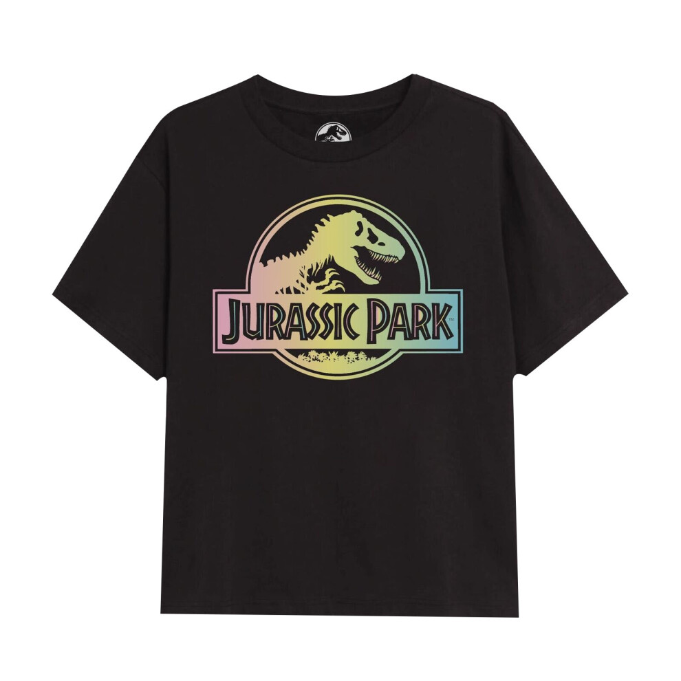 (9-10 Years, Black) Jurassic Park Girls Gradient Logo T-Shirt