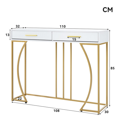 120x38x76 cm, White/ Gold Console Table with 2 Drawers 1