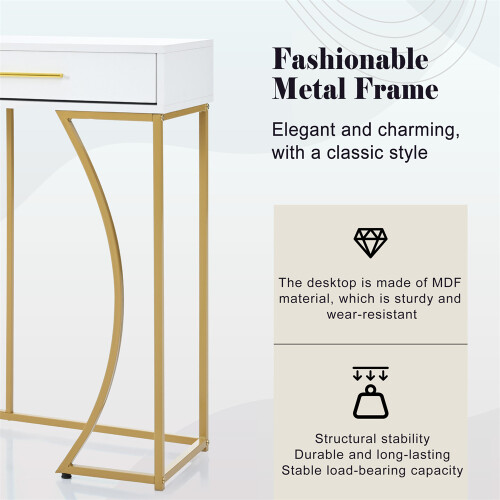 120x38x76 cm, White/ Gold Console Table with 2 Drawers 2