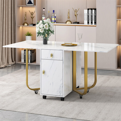 Folding Dining Table (1 piece) with Cupboard and 2 Drawers, White/Gold