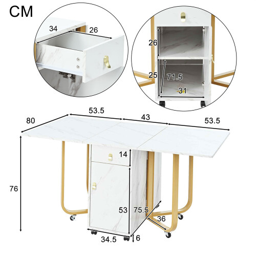 Folding Dining Table (1 piece) with Cupboard and 2 Drawers, White/Gold 1