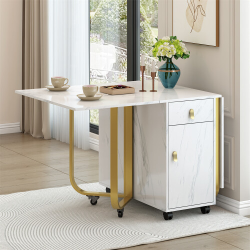 Folding Dining Table (1 piece) with Cupboard and 2 Drawers, White/Gold 2