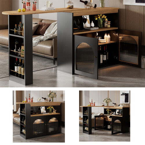 Modern Extendable Kitchen Island Table, with 1m LED Strip, Black 2