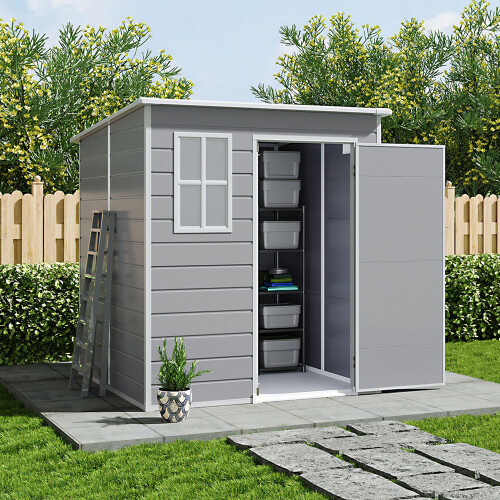 Living And Home 6 x 6FT Durable PP Storage Shed with Pent Roof, Window, Vent