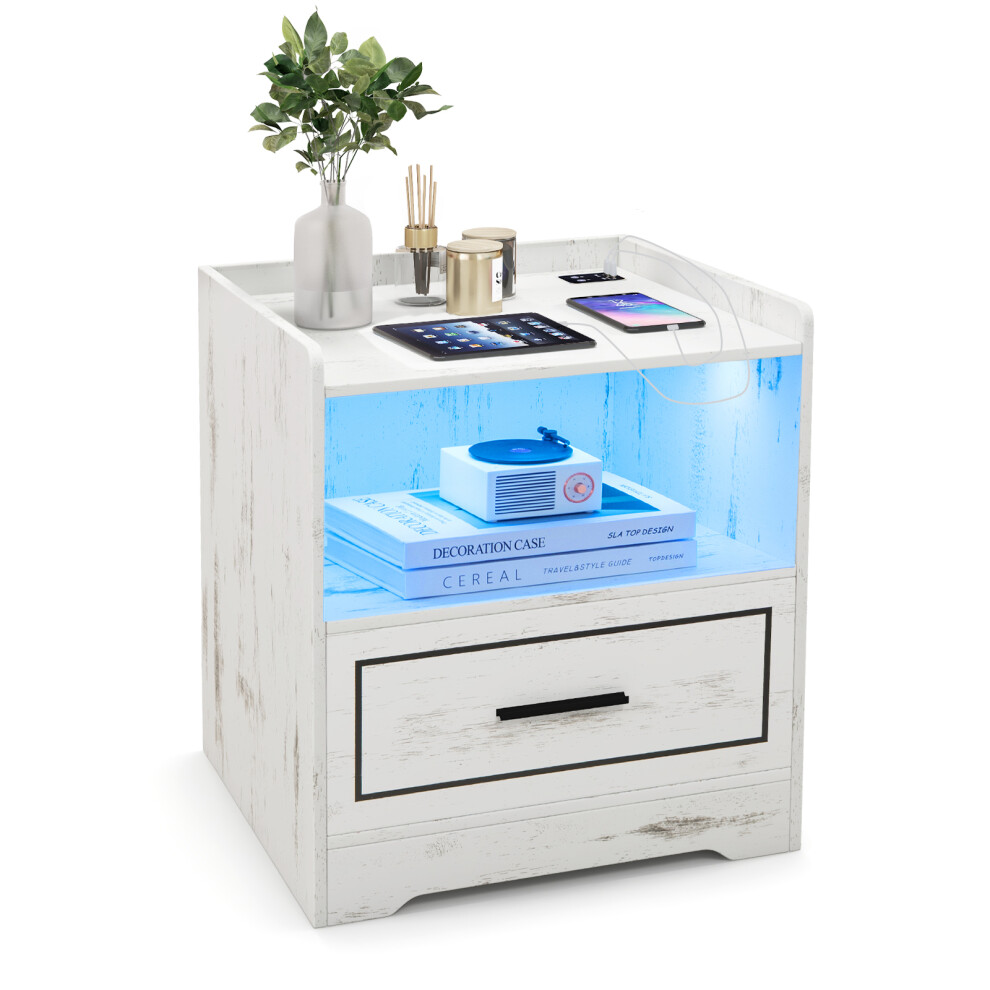 Wooden End Table Smart Nightstand w/ Drawer & Lighted Open Shelf Bedside Table