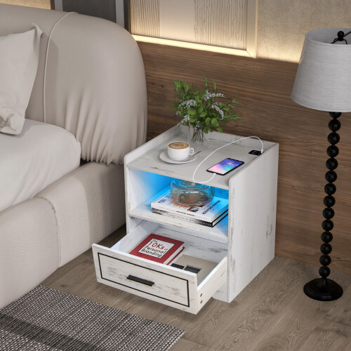 Costway Wooden End Table Smart Nightstand w/ Drawer & Lighted Open Shelf Bedside Table 1