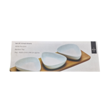 Set Of 3 Snack Bowls White Porcelain Bamboo Tray Dishwasher Safe