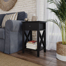 (1x Black) Wooden 1-Drawer Bedside Sofa Side End Table X-Frame Nightstand with Storage Shelf