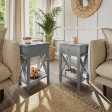 (2x Grey) Wooden 1-Drawer Bedside Sofa Side End Table X-Frame Nightstand with Storage Shelf