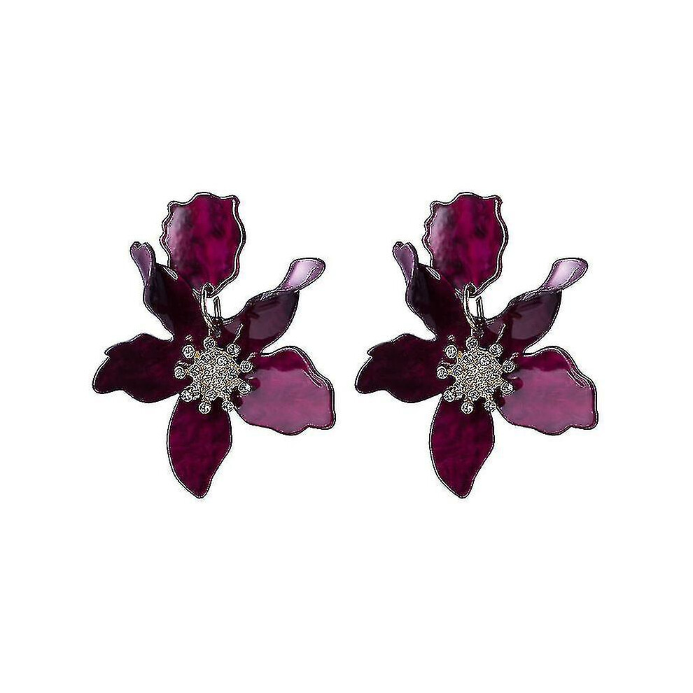 (Purple) Resin Acrylic Flower Dangle Earrings - Exaggerated European And American Style Big Flower Purple