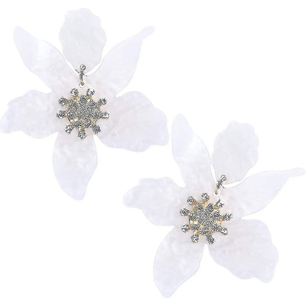 (White) Resin Acrylic Flower Dangle Earrings - Exaggerated European And American Style Big Flower White