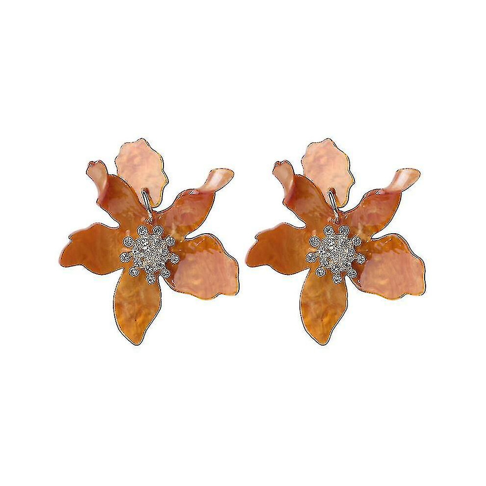 (Brown) Resin Acrylic Flower Dangle Earrings - Exaggerated European And American Style Big Flower Brown
