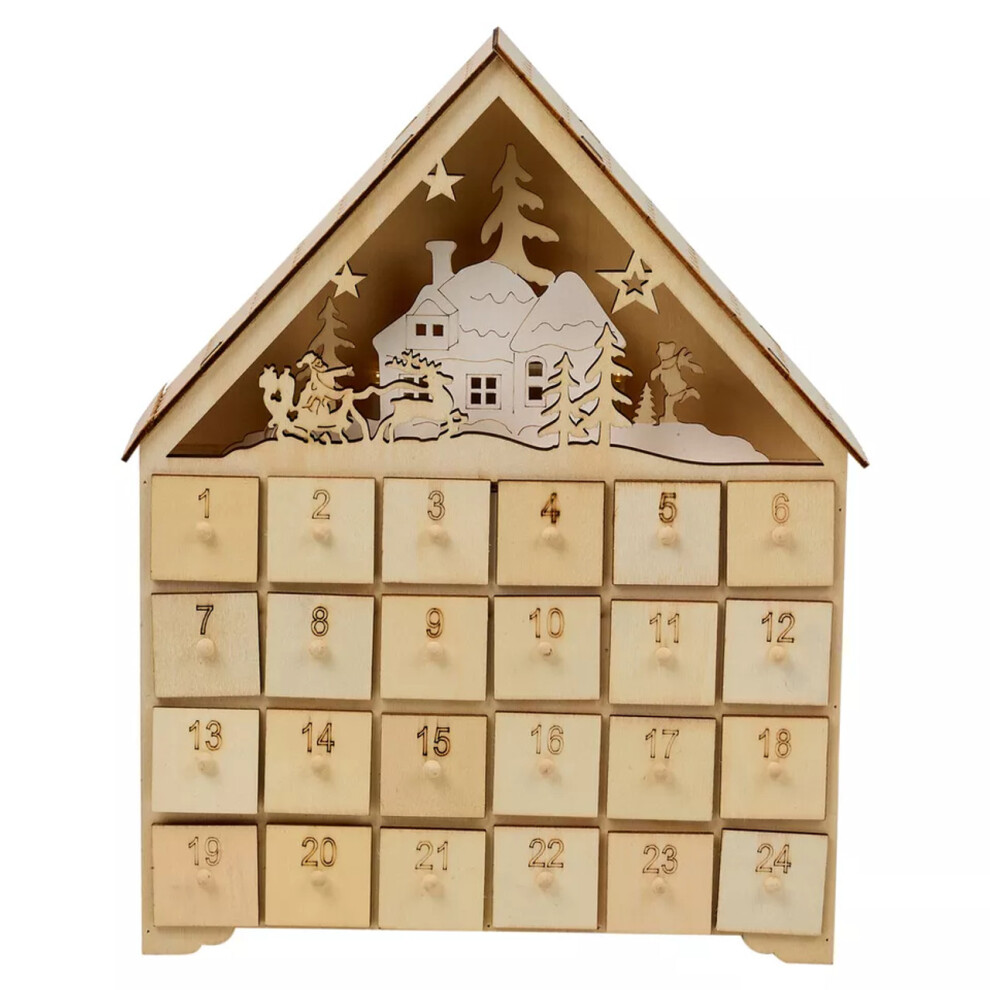 3D Wooden Winter House Advent Calendar Christmas Xmas Scene LED Light Date Boxes