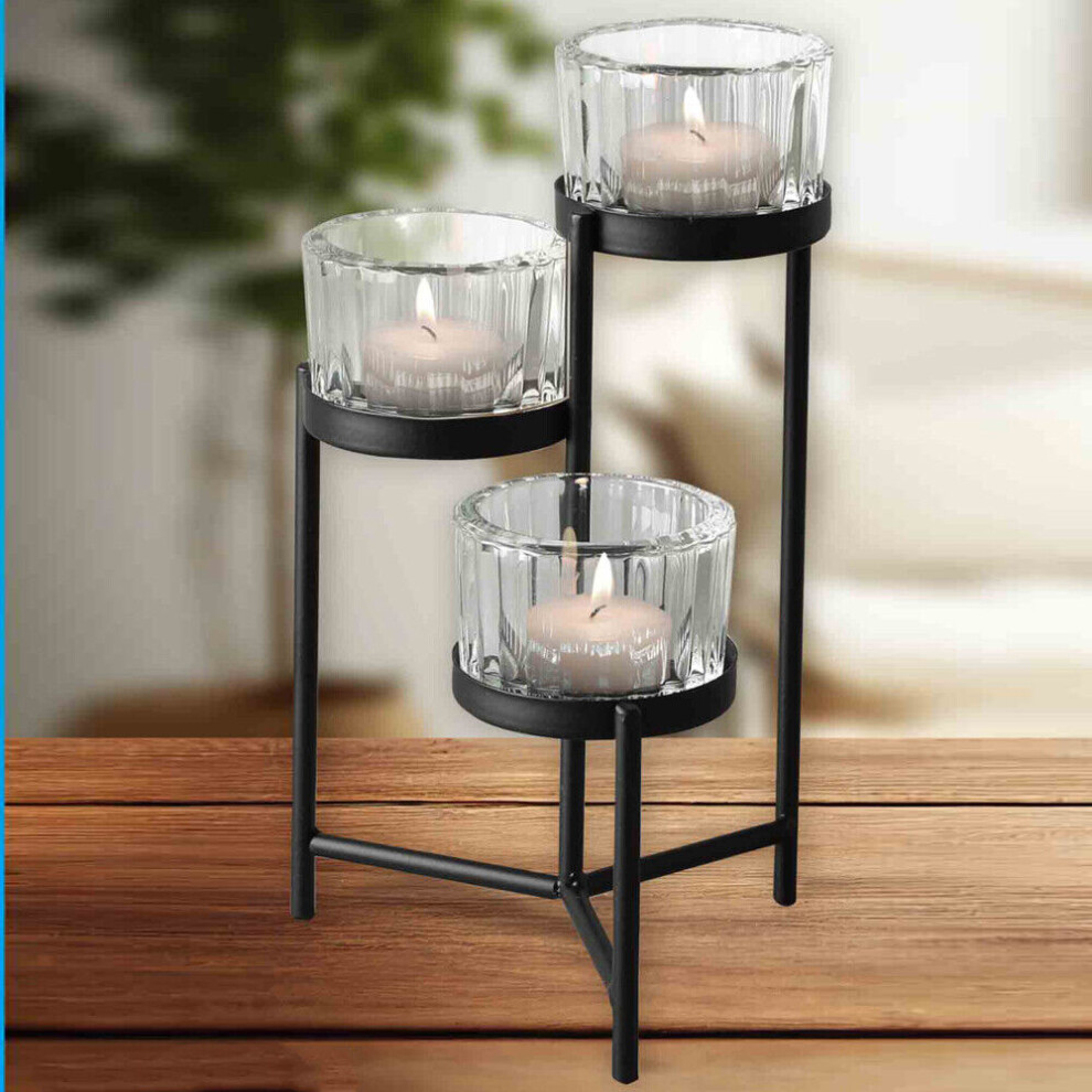 Black Metal 3 Tealight Candle Holder Decorative Table Centrepiece Indoor Decor