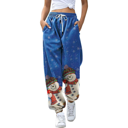 (S) Christmas Print Sweatpant For Women Autumn Winter Baggy Drawstring High Waist Gym Sport Jogger Pants Ladies Casual Trousers