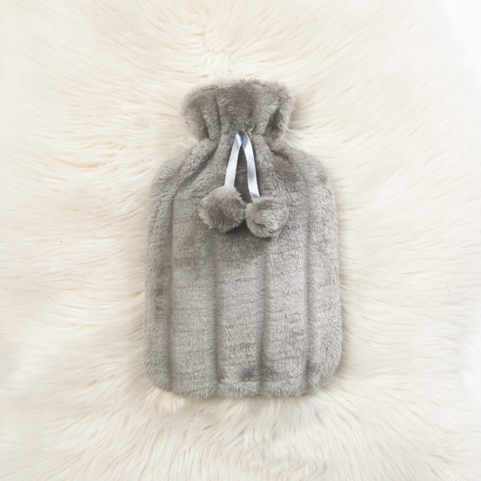 (Grey) Hot Water Bottle with Warm Faux Fur Fleece Cover Large 2L Natural Rubber