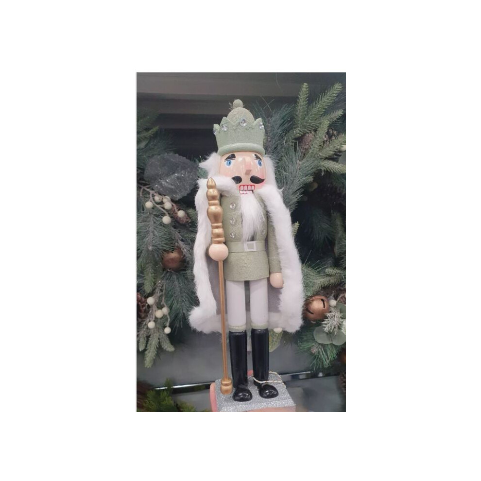 New Festive 38cm Xmas Nutcracker Glittering Sage Green Room Decoration