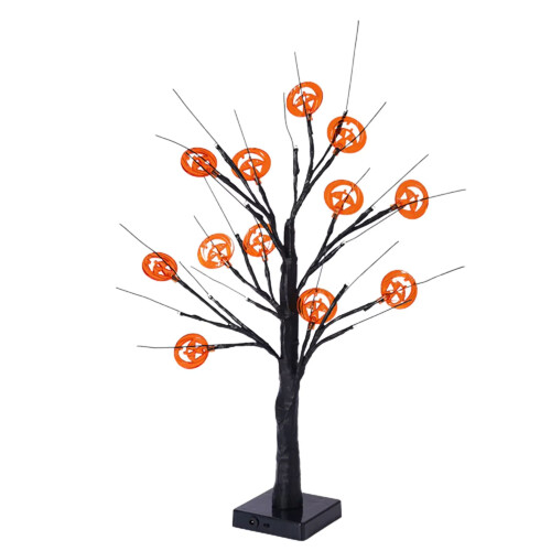LED Pumpkin Tree, Xmas Halloween Decorations Lighted Birch Tree with LED Pumpkin