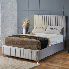 (Silver Plush(with Mattress), 4ft Small Double(No Gaslift)) Plush Velvet Bed Frame Vertical Lines Panel With Mattress Gas Lift Storage