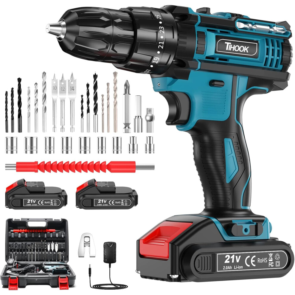 Cordless Drill Driver 21V, Cordless Hammer Drill With 2 Batteries 2000Mah, 42N.m Combi Drill, 3/8" Chuck, Led Light, 25 3 Torque Cordless Dril 6953374574919