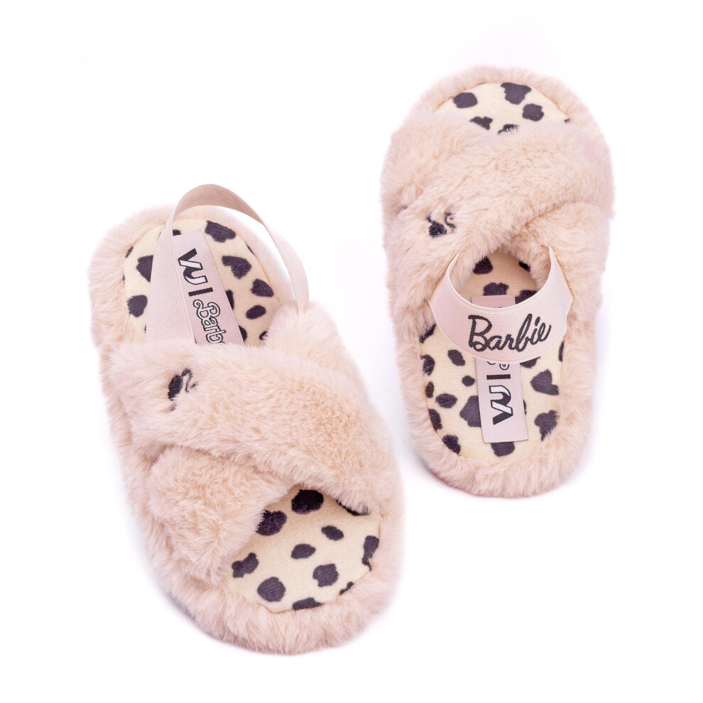 (UK Child 10) Barbie Girls Slippers Kids Doll Fluffy Cross Strap House Sliders