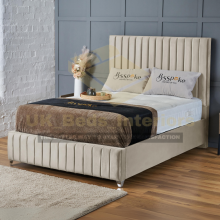 (Cream Plush(No Mattress), 3ft Single(No Gaslift)) Plush Velvet Bed Frame Vertical Lines Panel With Mattress Gas Lift Storage