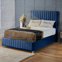(Blue Plush(with Mattress), 4ft Small Double(with Gaslift)) Plush Velvet Bed Frame Vertical Lines Panel With Mattress Gas Lift Storage