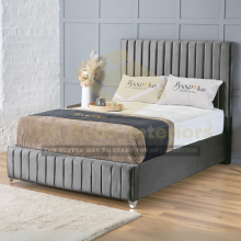 (Grey Plush(No Mattress), 4ft Small Double(No Gaslift)) Plush Velvet Bed Frame Vertical Lines Panel With Mattress Gas Lift Storage