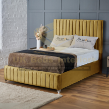 (Mustard Plush(No Mattress), 4ft Small Double(with Gaslift)) Plush Velvet Bed Frame Vertical Lines Panel With Mattress Gas Lift Storage