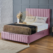 (Pink Plush(with Mattress), 4ft Small Double(No Gaslift)) Plush Velvet Bed Frame Vertical Lines Panel With Mattress Gas Lift Storage