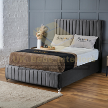 (Steel Plush(No Mattress), 4ft Small Double(with Gaslift)) Plush Velvet Bed Frame Vertical Lines Panel With Mattress Gas Lift Storage