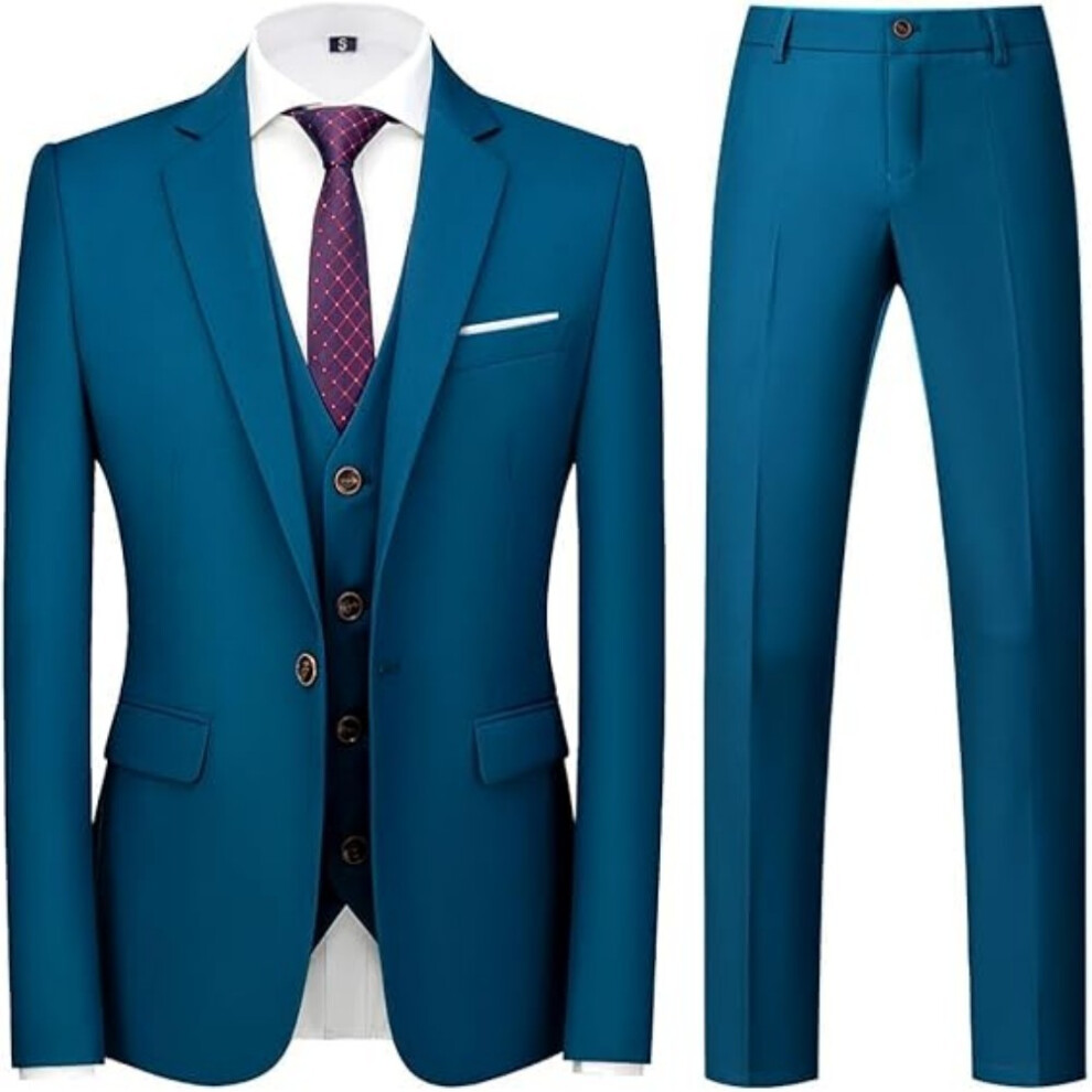 (lake blue, XL) Men Suits 3 Piece Slim Fit Single Breasted One Button Tuxedo Suit Blazer Waistcoat Trousers Set-image-OPC-PFP5WDY-NEW
