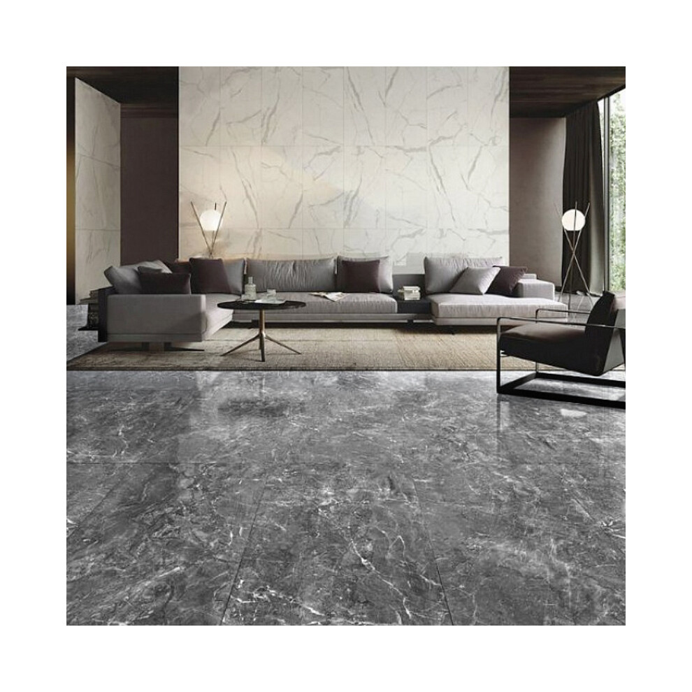 48Pcs Dark Grey 3D Stone Marble Effect Self Adhesive PVC Floor Tiles