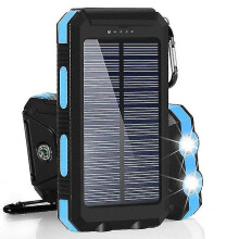 (Blue) Solar 80000mah Power Bank Dual Usb Powerbank Waterproof Battery External Portable Charging With Led Light 2usb Powerbank