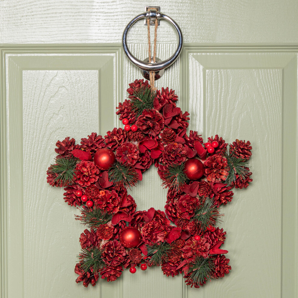 35cm Ruby Pine Christmas Star Wreath with Red Pinecones and Berries