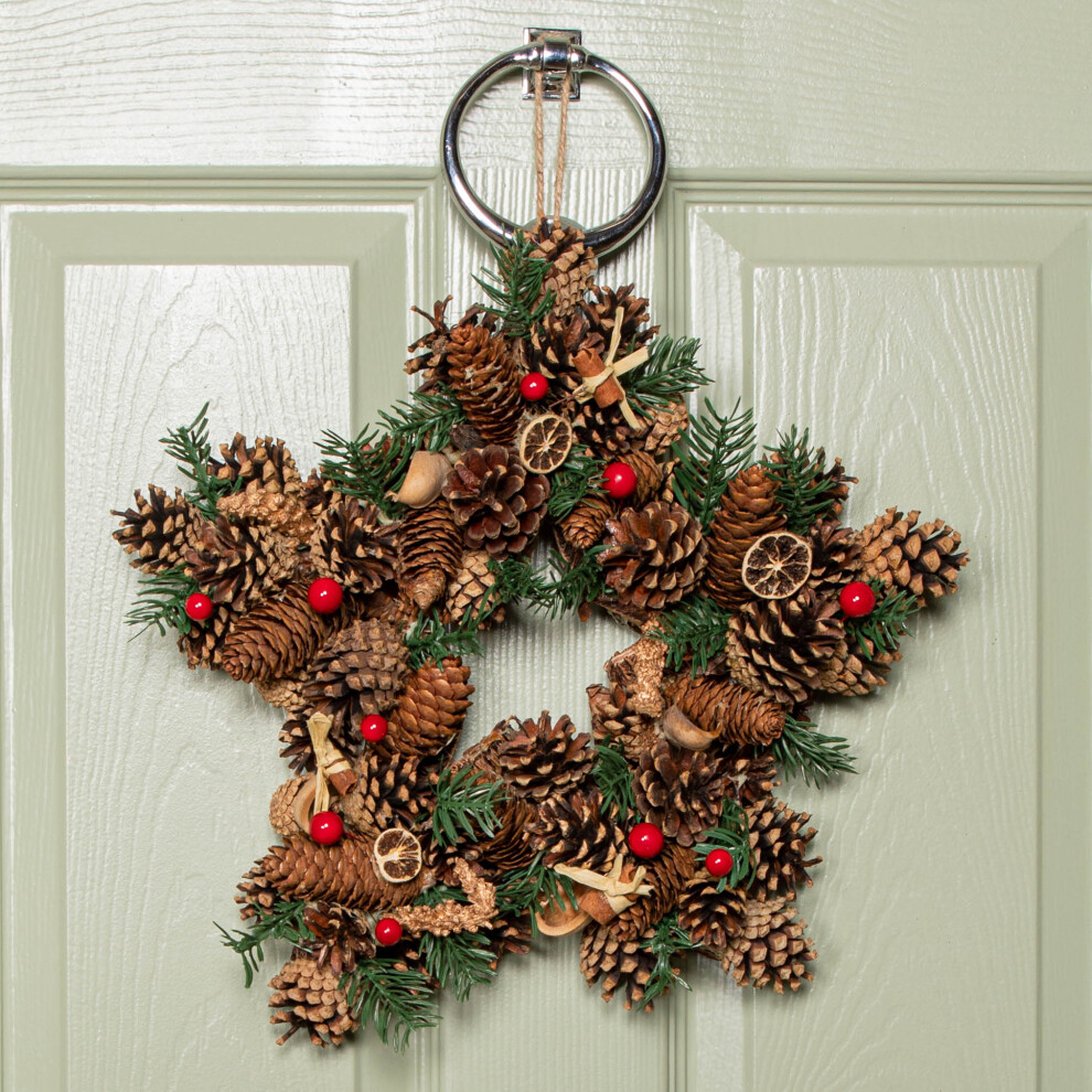 35cm Star Christmas Wreath with Pine Cones Red Berries & Dried Fruit