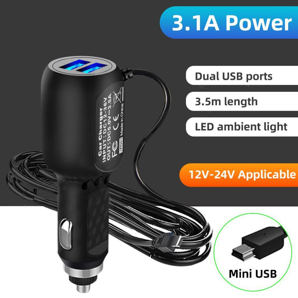 (Mini USB Interface, Black) Fonken Mini Micro USB Car Charger 3.5m 5V 3.1A Dual USB Ports for Car DVR Dash Camera GPS Video Recorder Input DC 12V-24V