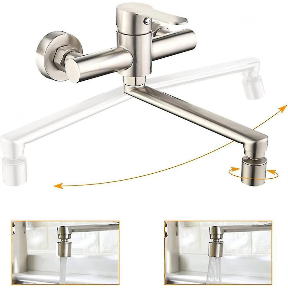 Wall Mounted Kitchen Tap With 2 Jets Sink Mixer Tap 360 Swivel Wall Mounted Kitchen Adjustable Spout Stainless Steel 304 (hy)