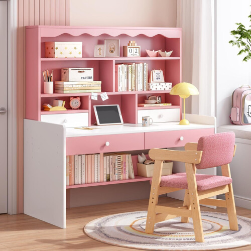 (Pink/White) Wooden Free Standing Study Writing Room Table Desk Shelves & Drawers Boys/Girls Kids Children Room Furniture