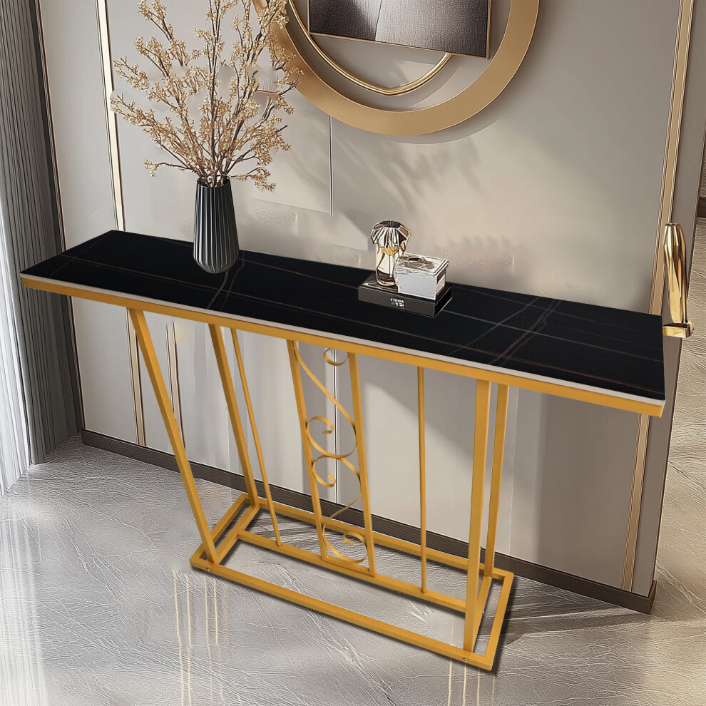 (Black/Gold) Large Marble Effect Sintered Stone With Metal Frame Free Standing Console Table Hallway Entrance Furniture 120 cm Width