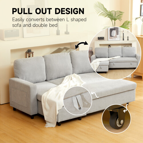 Homcom HOMCOM Pull Out Sofa Bed L Shape Corner Sofa w/ Reversible Chaise Light Grey 2