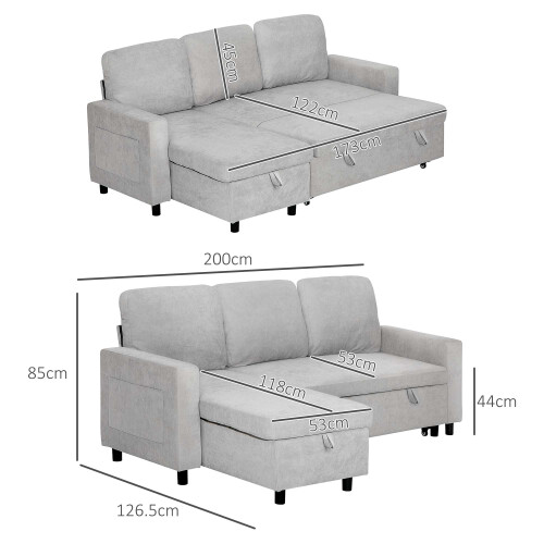 Homcom HOMCOM Pull Out Sofa Bed L Shape Corner Sofa w/ Reversible Chaise Light Grey 1