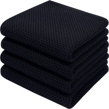 (Black, 34*73cm) Waffle Cotton Kitchen Towels, 6 Pack, 34x34cm, with Hooks