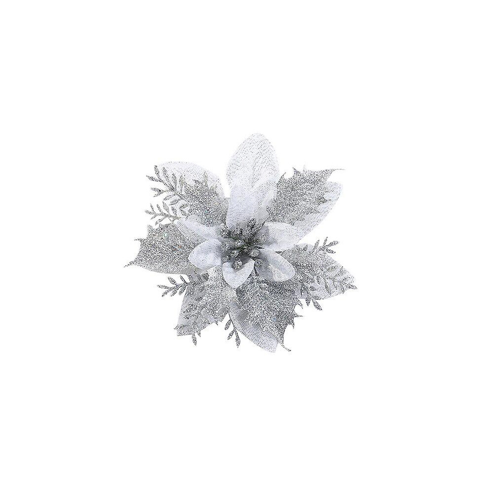 (5pcs, silver) 10/20pcs Christmas Flower Poinsettia Artificial Flower With Clip Christmas And New Year Party Floral Decoration-image-OPC-PFP77BZ-NEW